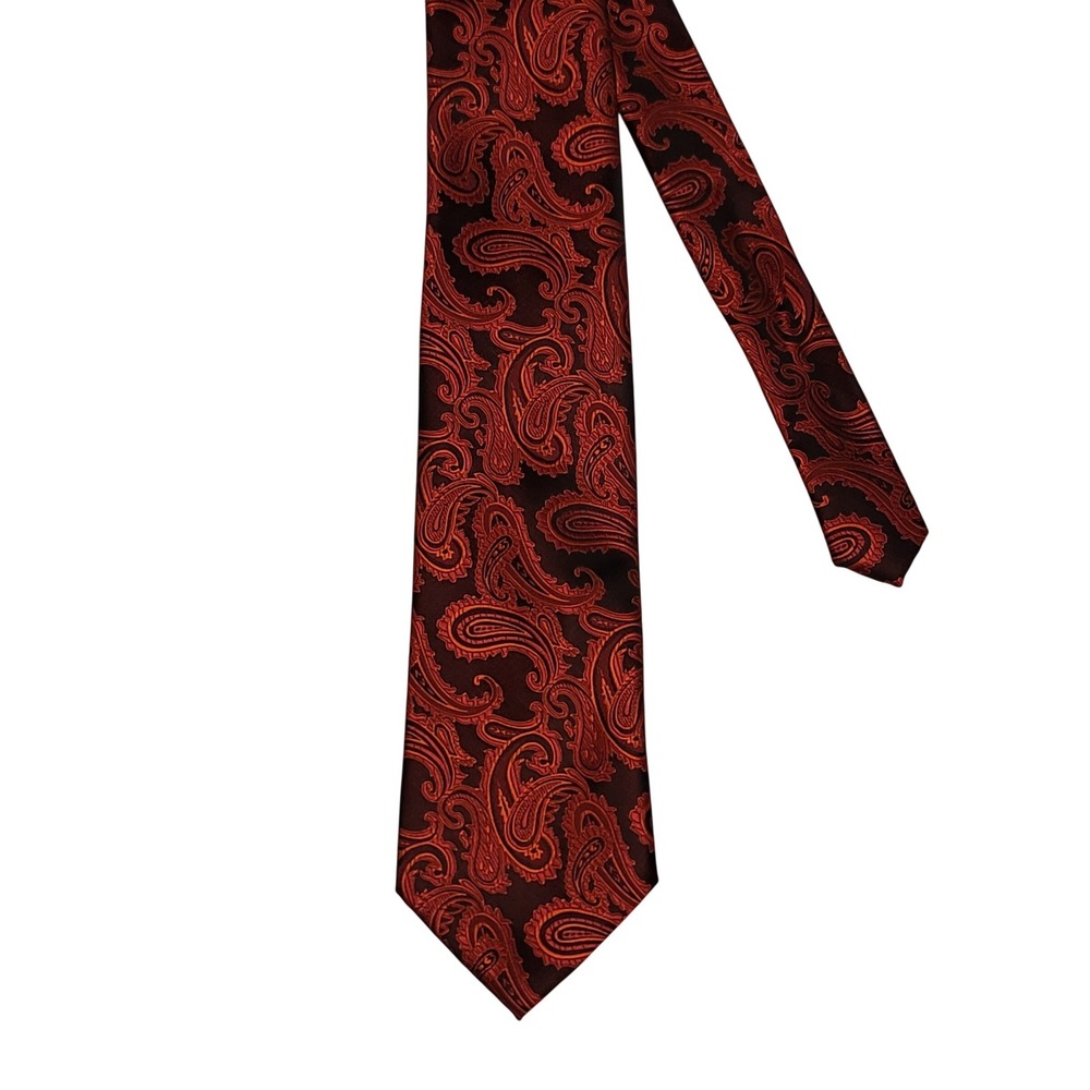 Paul Malone Mens Paisley Necktie Orange Red Brown Microfiber Hand Made XL‎ 64in